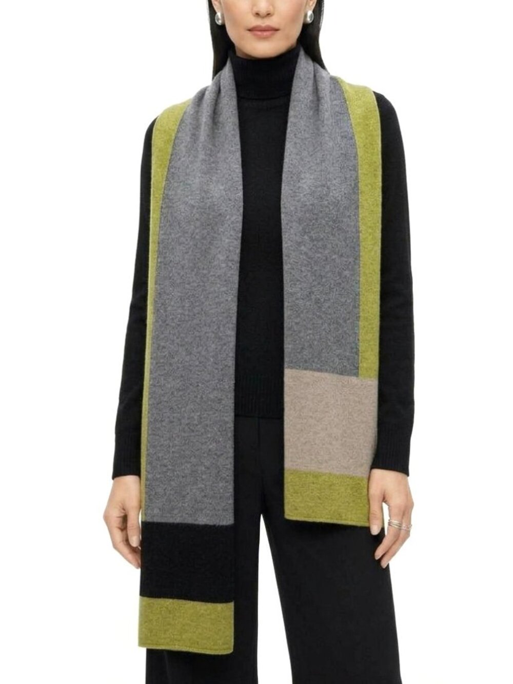 Eileen Fisher NWT 100% Merino Wool Scarf Colorblock Wrap Green Gray